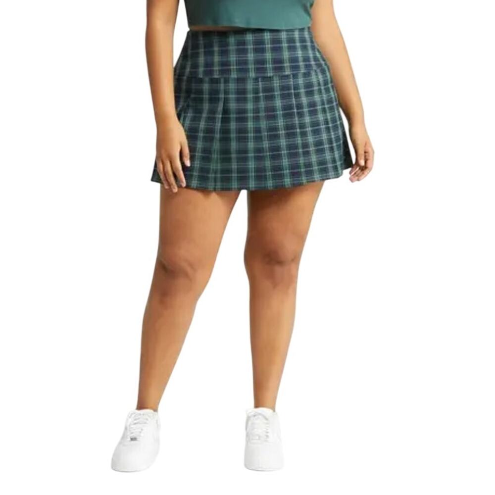 NEW BP. NORDSTROM Women's Navy- Green Coco Plaid Mini Pleated Skirt Plus Size 2X